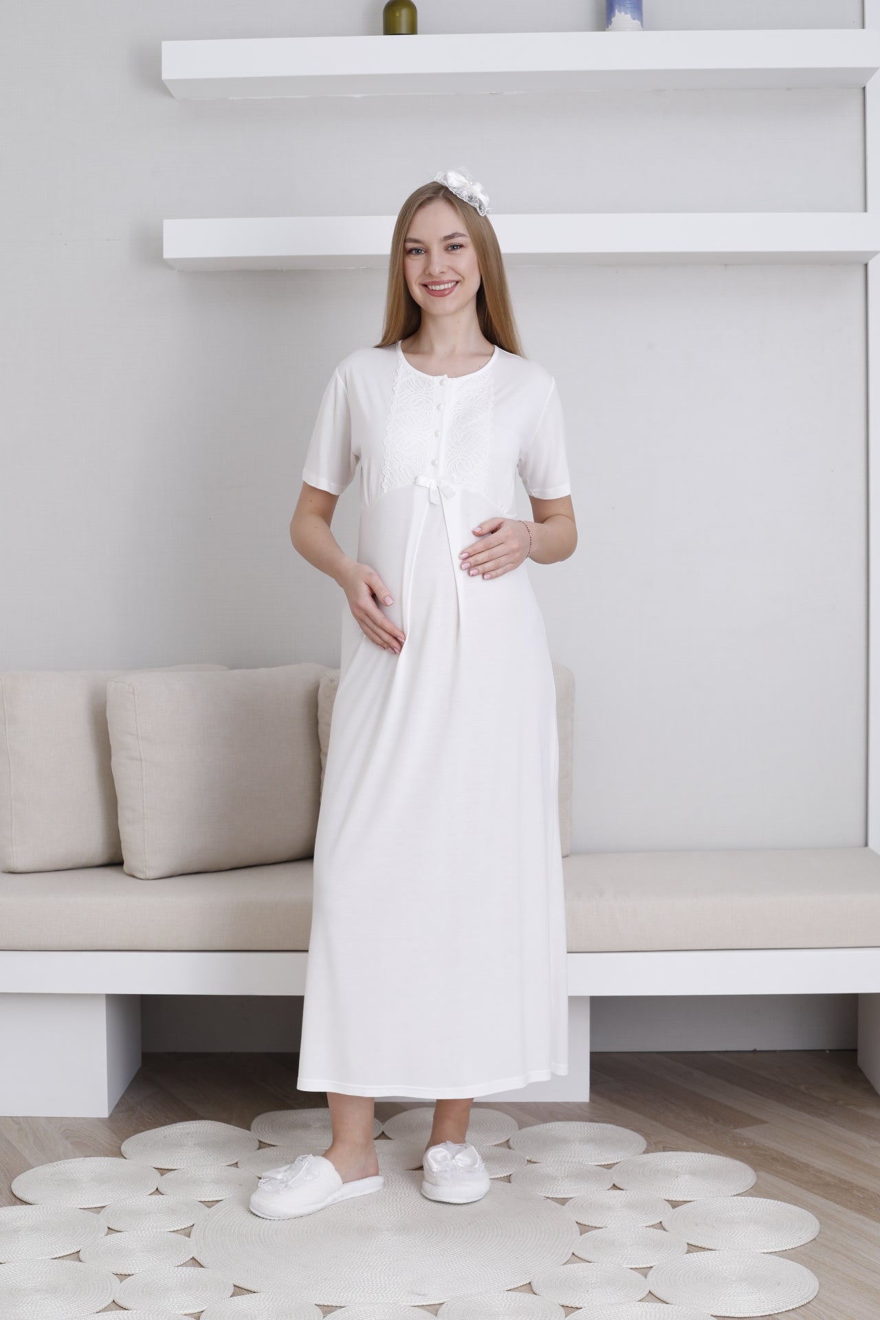 Lace Collar Maternity-Nursing Nightgown & Lace Sleeve Robe Set Ecru - 2291