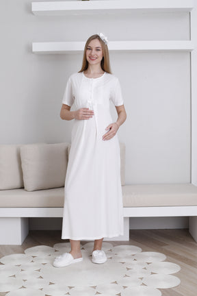 Lace Collar Maternity-Nursing Nightgown & Lace Sleeve Robe Set Ecru - 2291