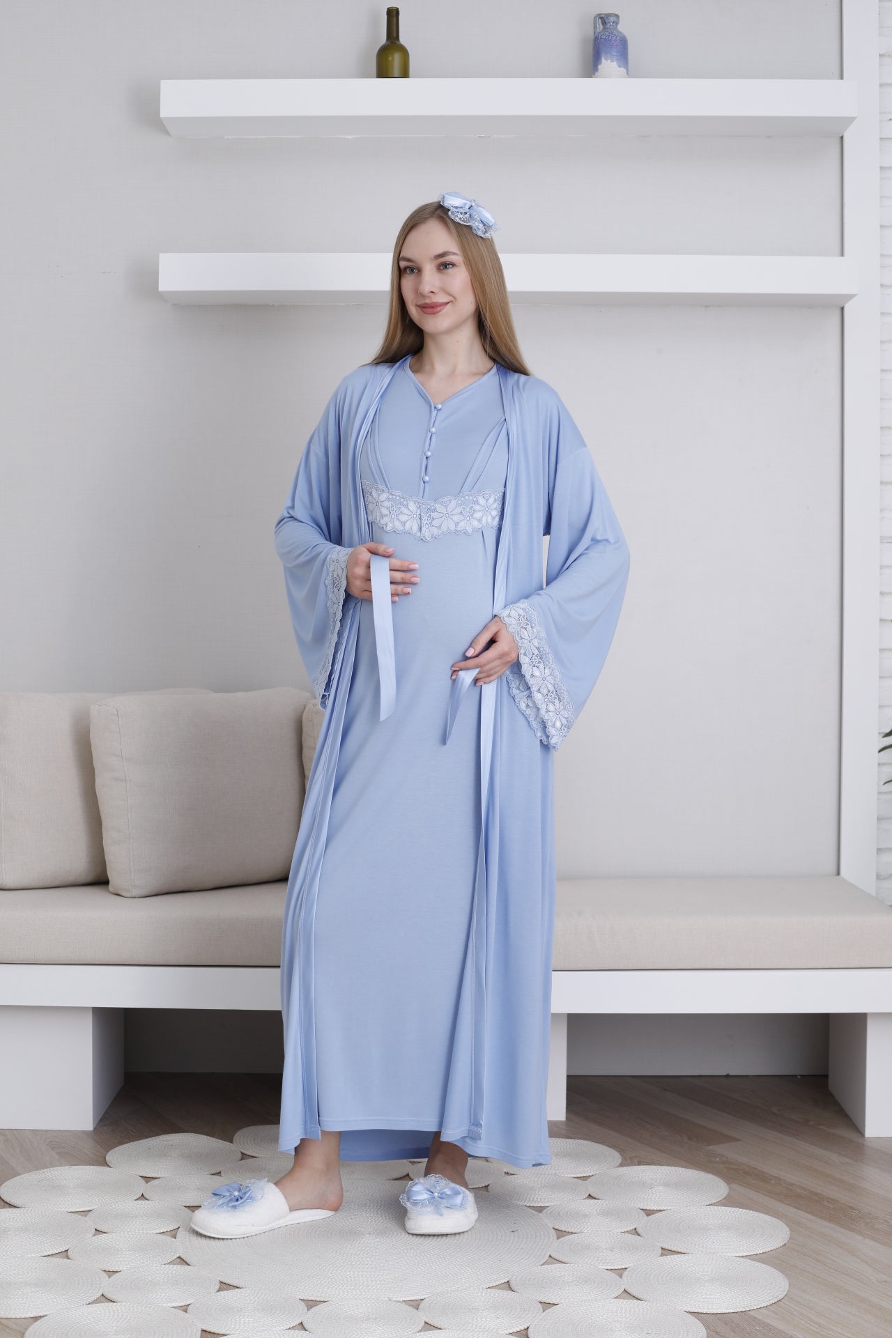 Lace Sleeve Maternity-Nursing Nightgown & Robe Set Blue - 2293