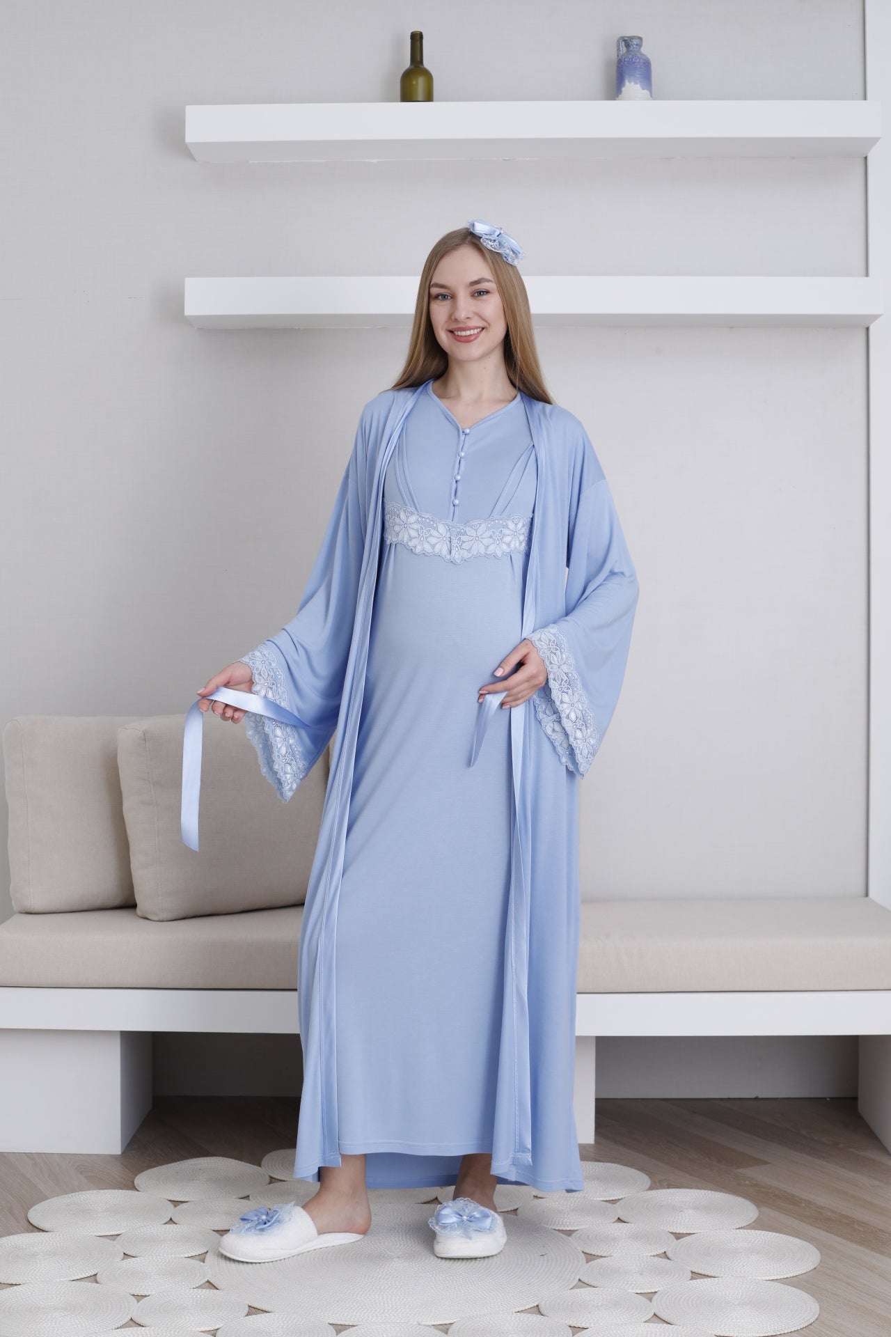 Lace Sleeve Maternity-Nursing Nightgown & Robe Set Blue - 2293