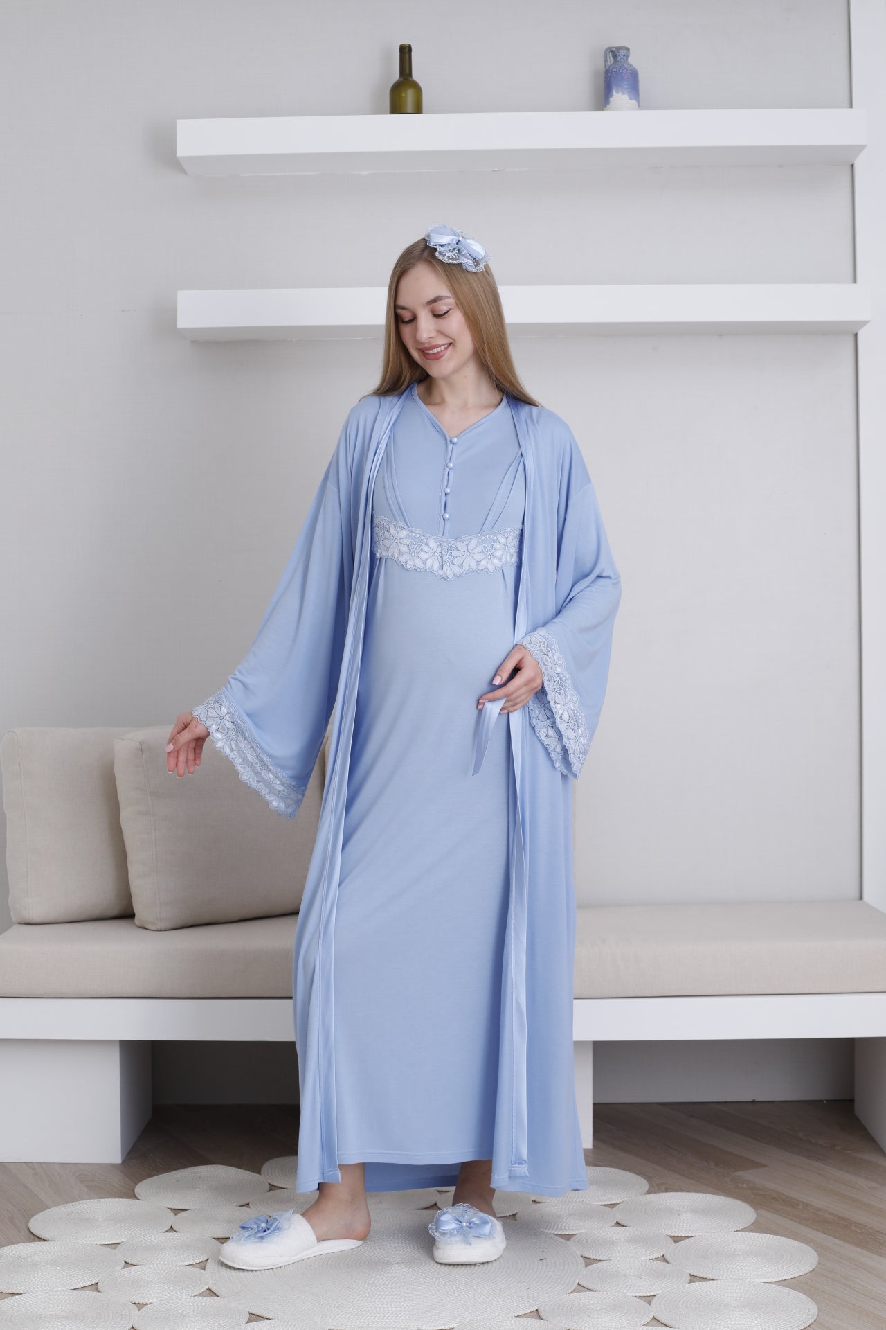 Lace Sleeve Maternity-Nursing Nightgown & Robe Set Blue - 2293