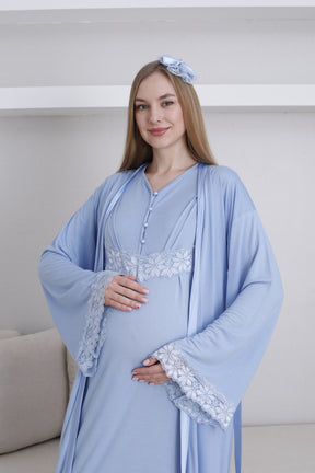 Lace Sleeve Maternity-Nursing Nightgown & Robe Set Blue - 2293