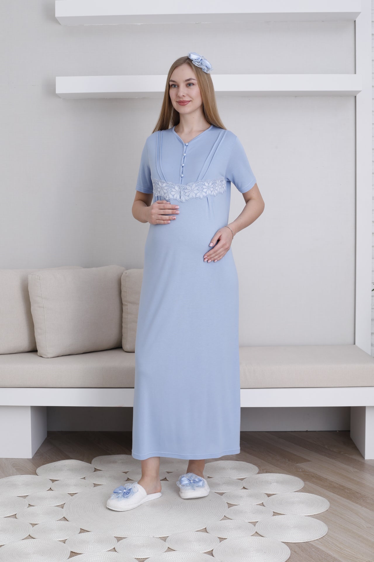 Lace Sleeve Maternity-Nursing Nightgown & Robe Set Blue - 2293