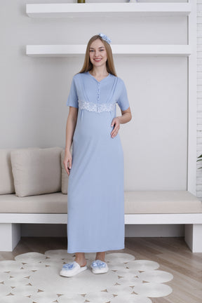 Lace Sleeve Maternity-Nursing Nightgown & Robe Set Blue - 2293