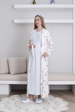 Lace Collar Maternity-Nursing Nightgown & Patterned Robe Set Blue - 2294