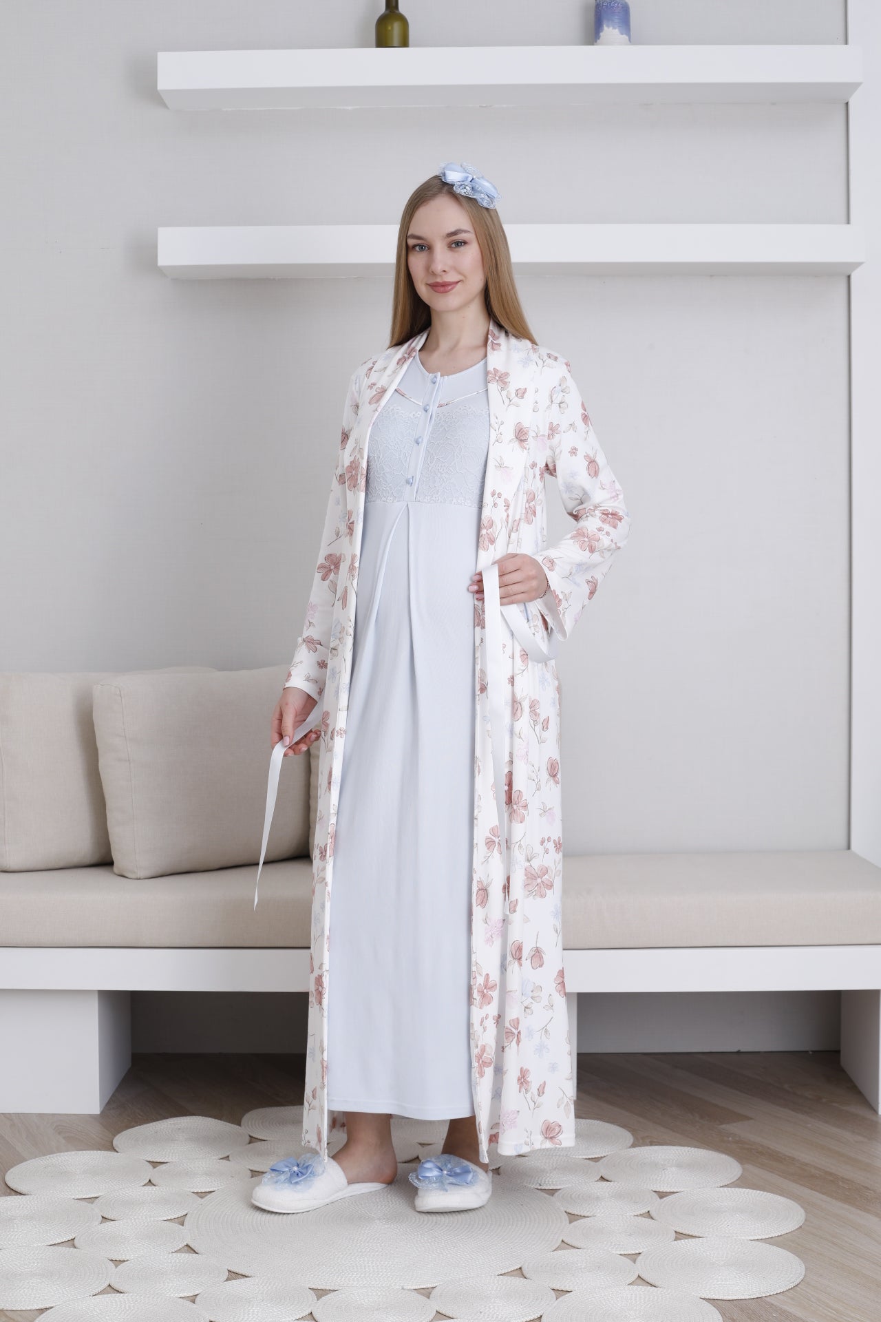 Lace Collar Maternity-Nursing Nightgown & Patterned Robe Set Blue - 2294