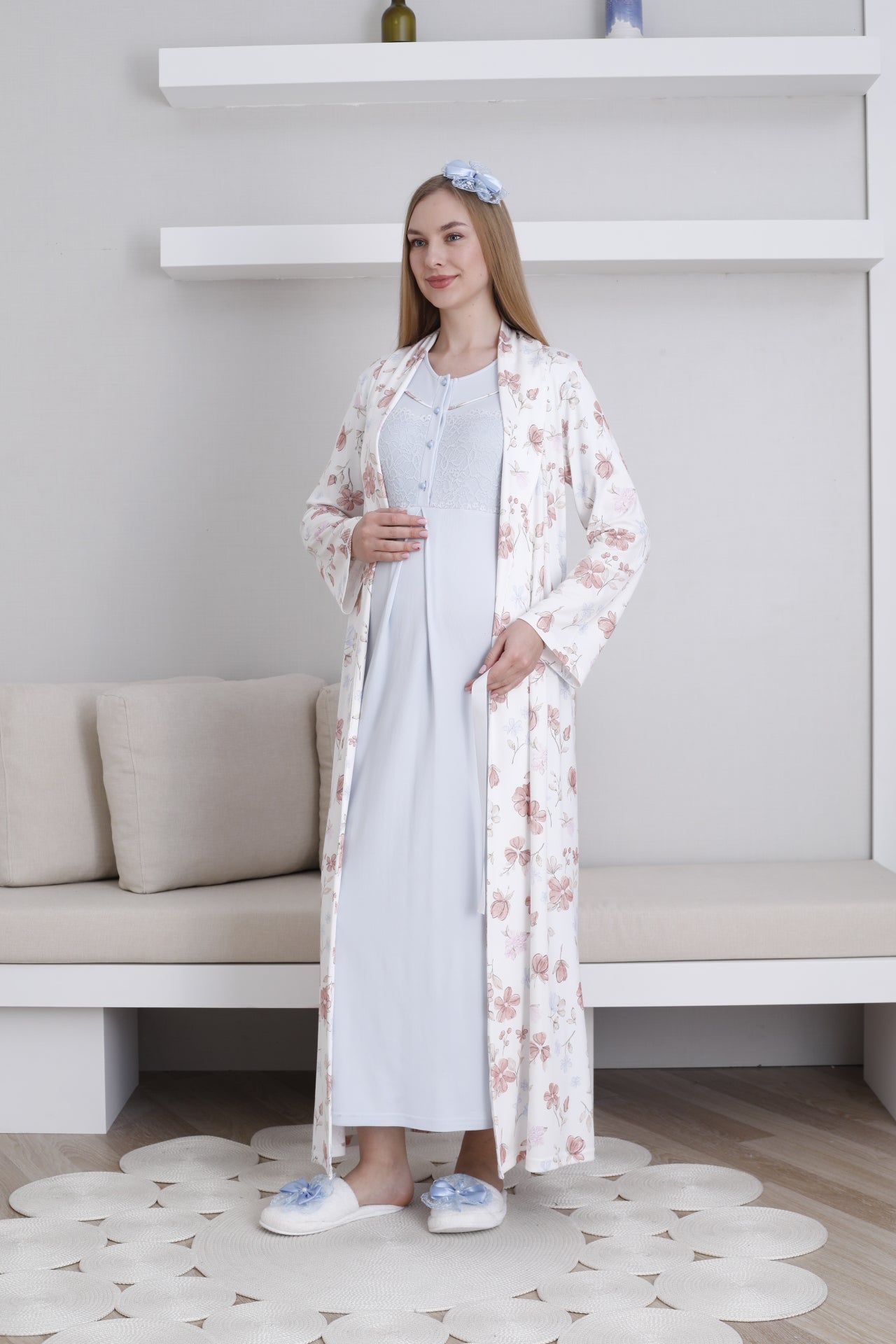 Lace Collar Maternity-Nursing Nightgown & Patterned Robe Set Blue - 2294