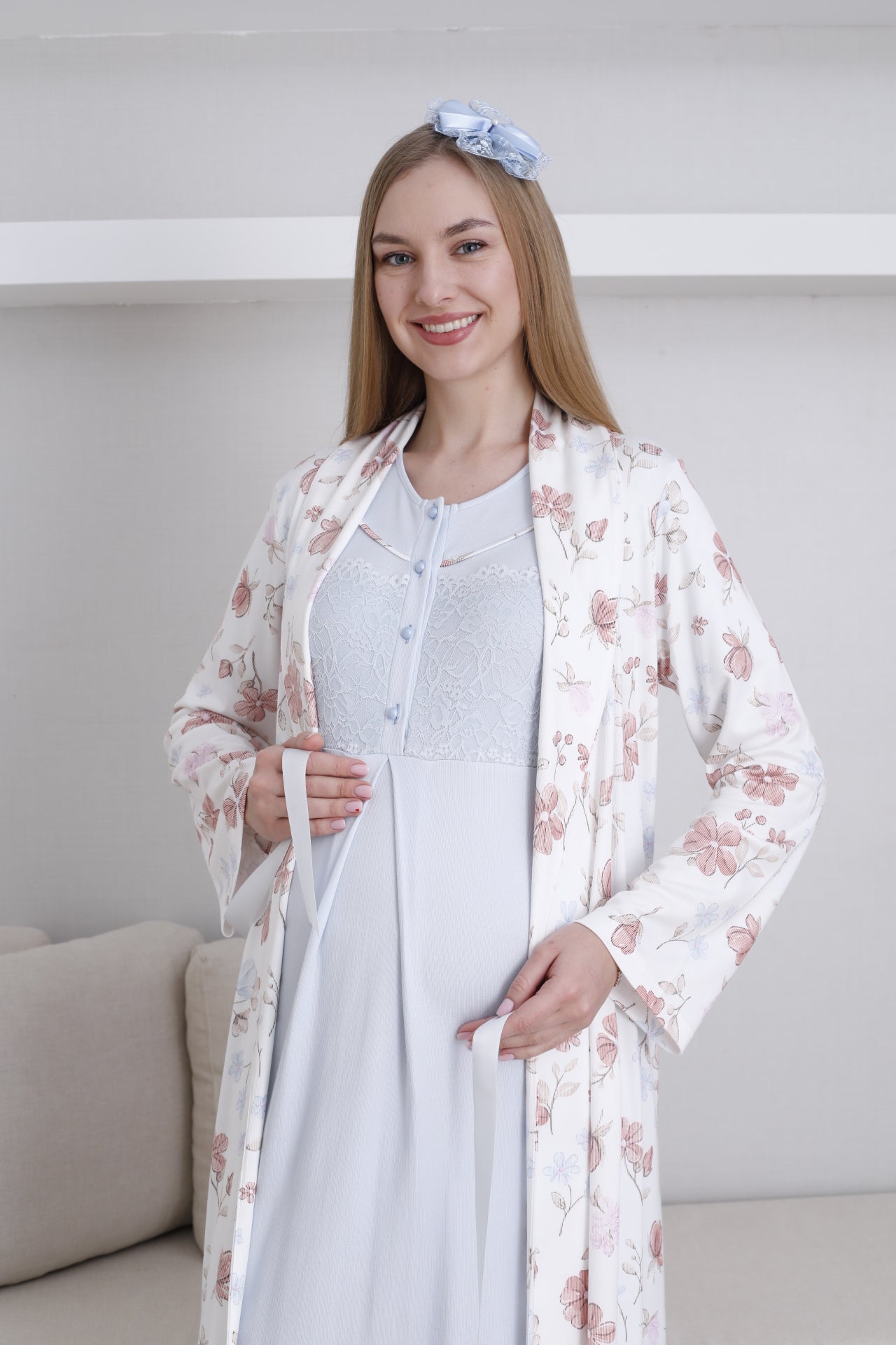 Lace Collar Maternity-Nursing Nightgown & Patterned Robe Set Blue - 2294