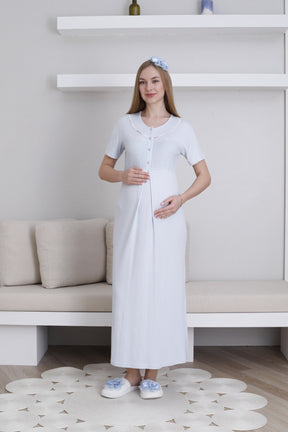 Lace Collar Maternity-Nursing Nightgown & Patterned Robe Set Blue - 2294