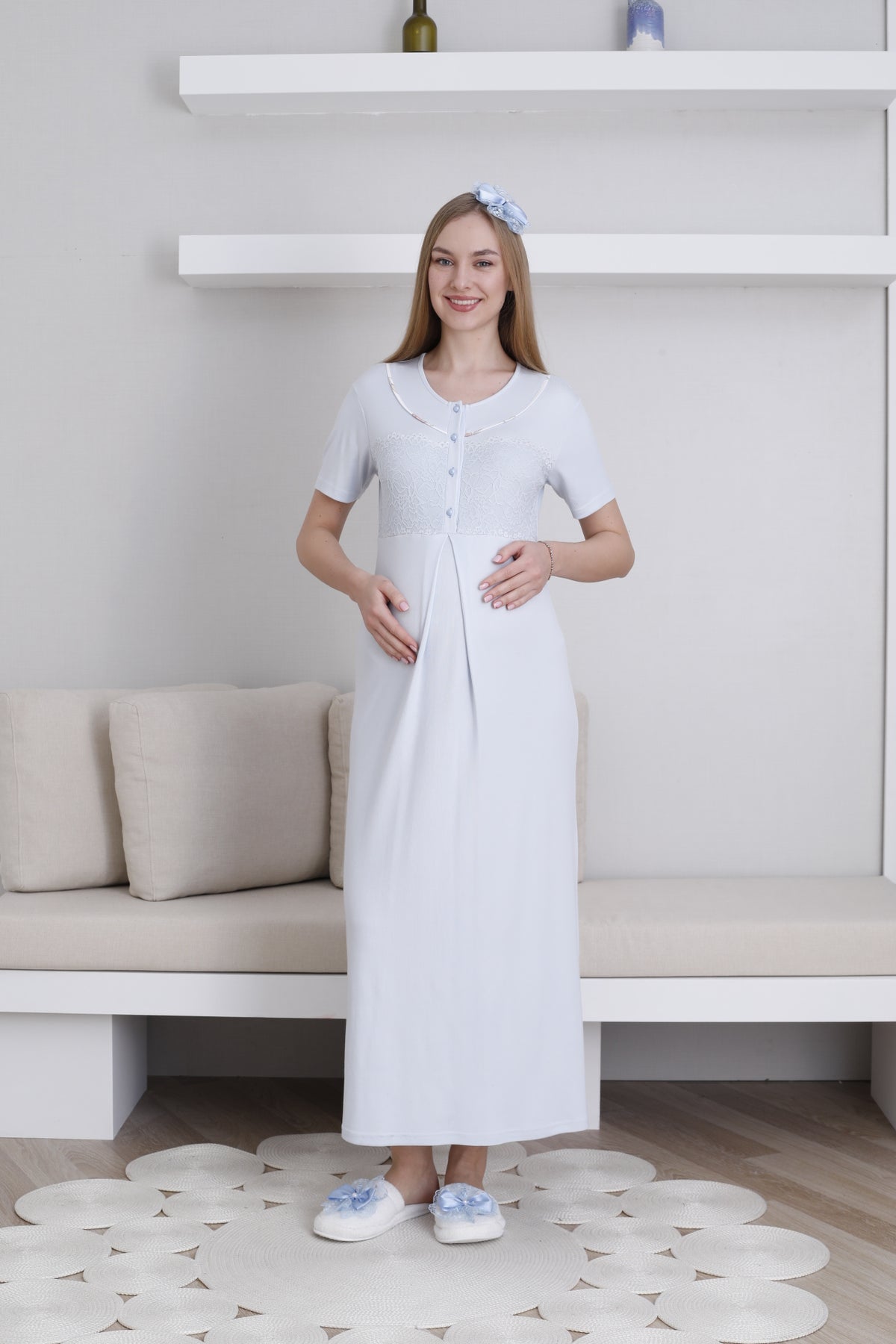 Lace Collar Maternity-Nursing Nightgown & Patterned Robe Set Blue - 2294