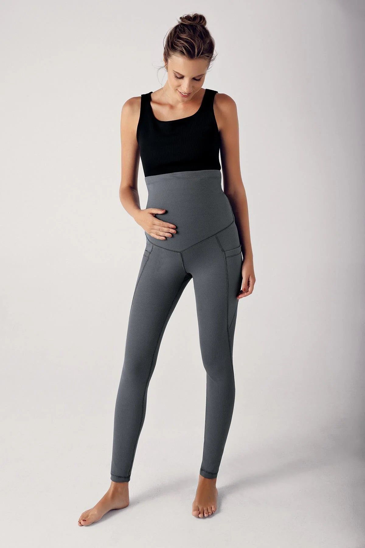 Ribbed Adjustable High-Waist Stretch Supportive Maternity Leggings Anthracite - LF9201