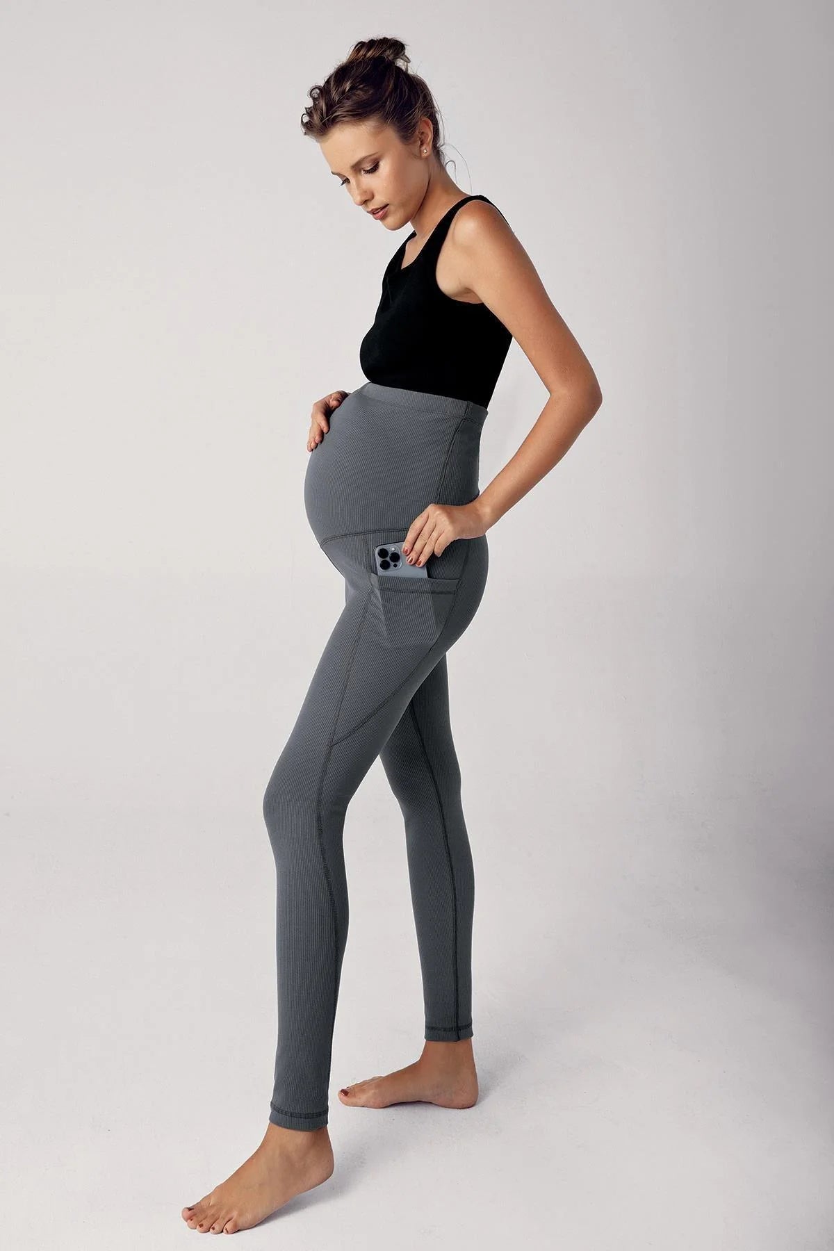 Ribbed Adjustable High-Waist Stretch Supportive Maternity Leggings Anthracite - LF9201