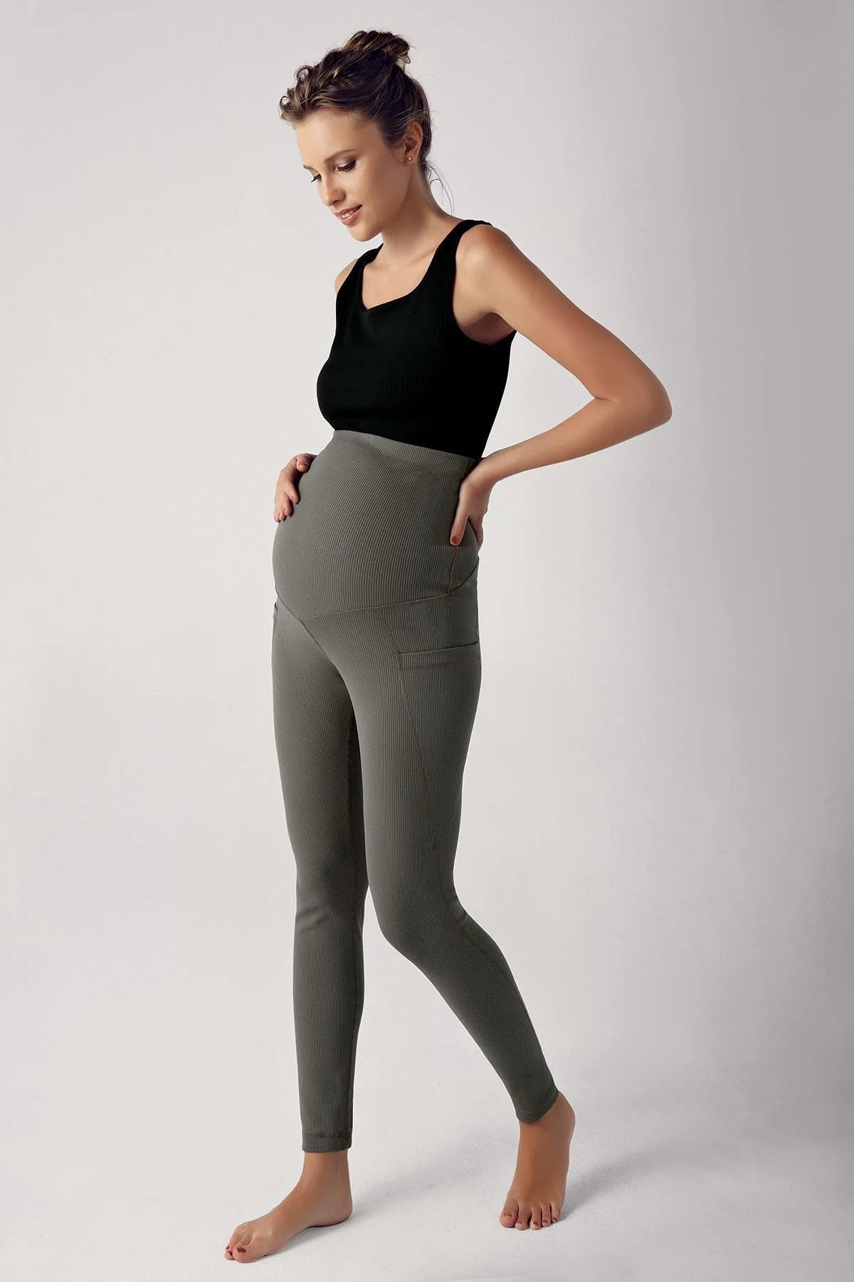 Ribbed Adjustable High-Waist Stretch Supportive Maternity Leggings Khaki - LF9201