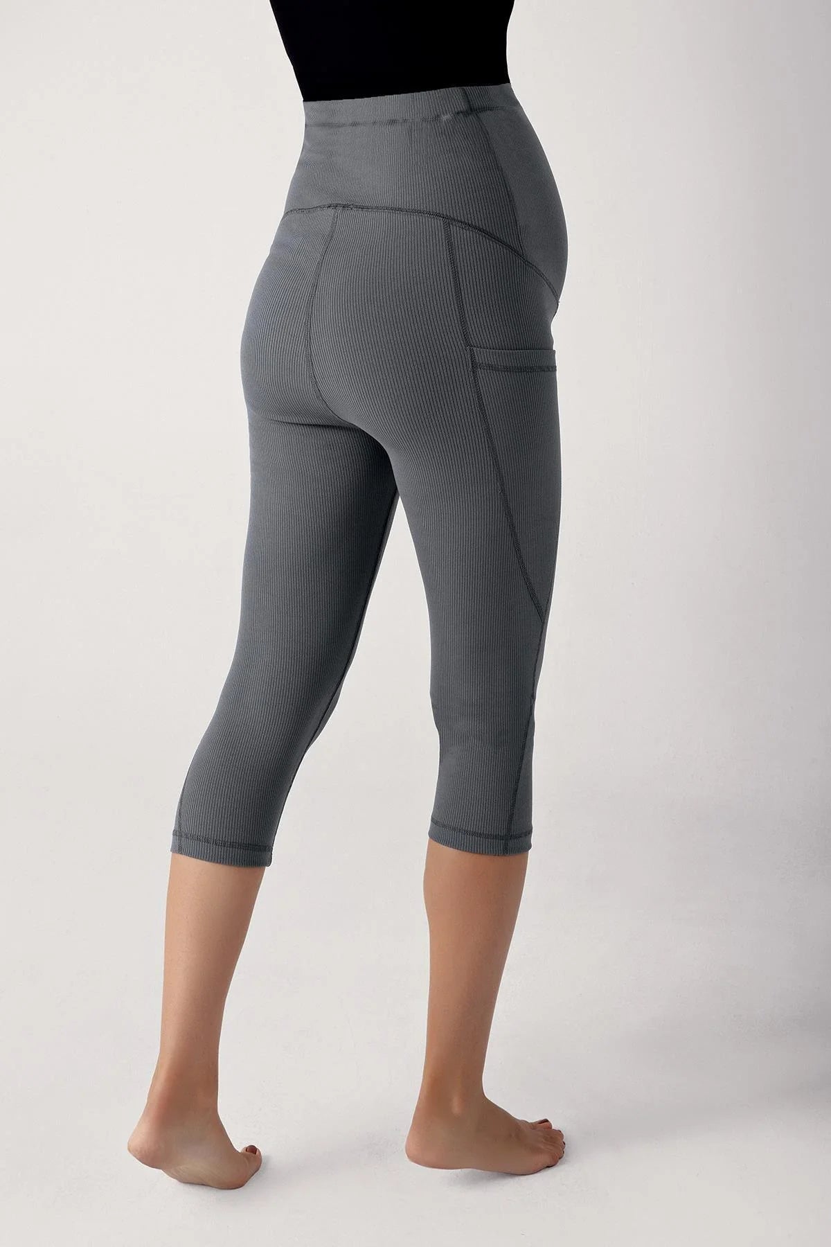 Ribbed Adjustable High-Waist Stretch Supportive Capri Maternity Leggings Anthracite - LF9202