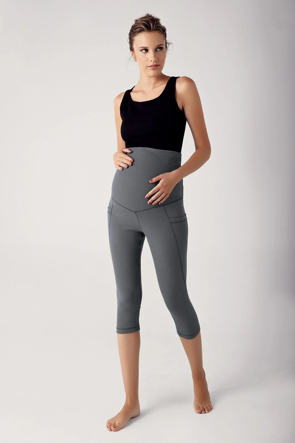 Ribbed Adjustable High-Waist Stretch Supportive Capri Maternity Leggings Anthracite - LF9202