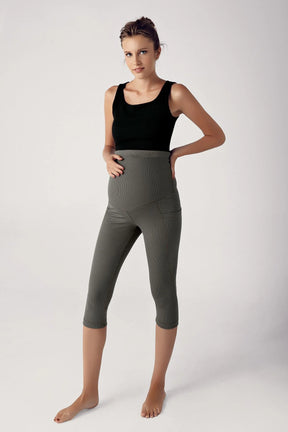 Ribbed Adjustable High-Waist Stretch Supportive Capri Maternity Leggings Khaki - LF9202