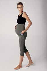 Ribbed Adjustable High-Waist Stretch Supportive Capri Maternity Leggings Khaki - LF9202