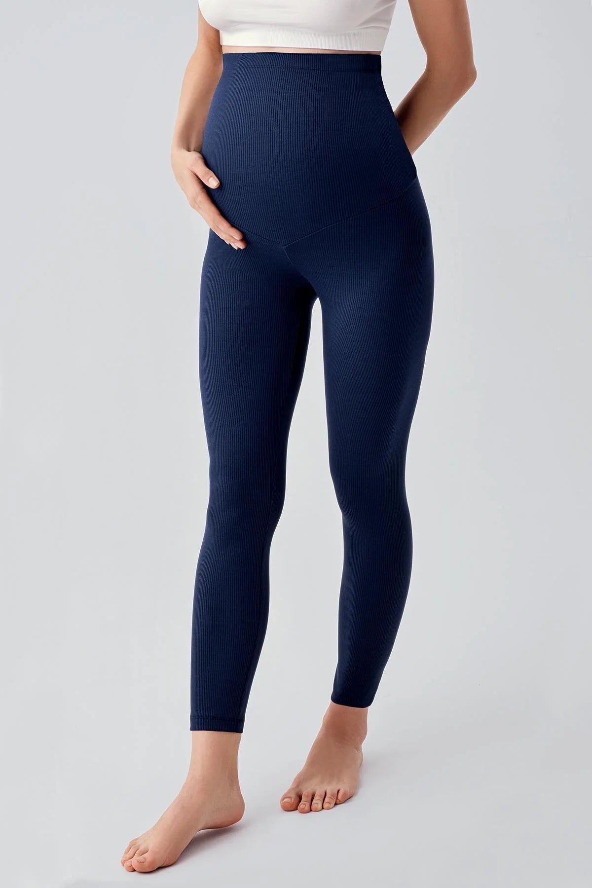 Ribbed High-Waist Stretch Supportive Maternity Leggings Navy Blue - LF9203