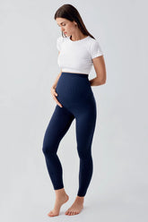 Ribbed High-Waist Stretch Supportive Maternity Leggings Navy Blue - LF9203