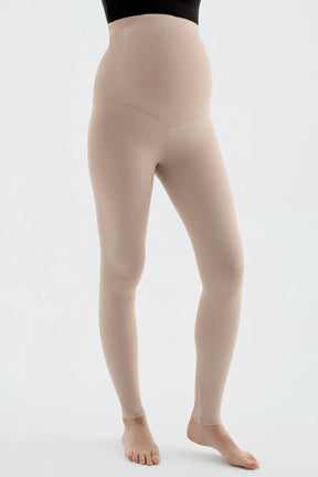 Ribbed High-Waist Stretch Supportive Maternity Leggings Beige - LF9203