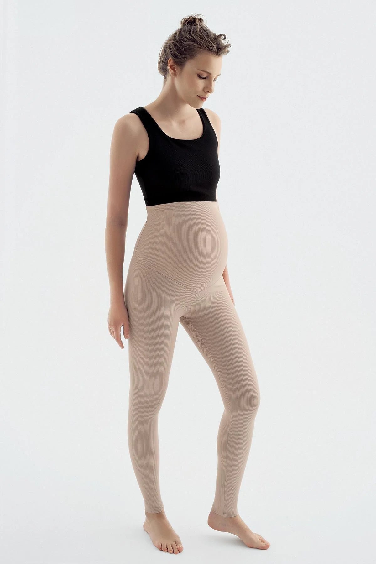 Ribbed High-Waist Stretch Supportive Maternity Leggings Beige - LF9203