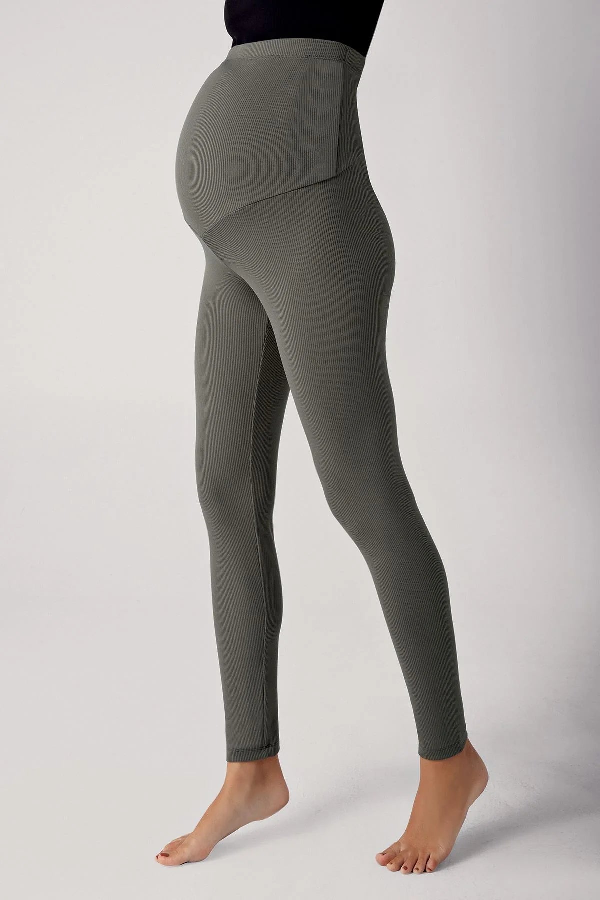 Ribbed High-Waist Stretch Supportive Maternity Leggings Khaki - LF9203