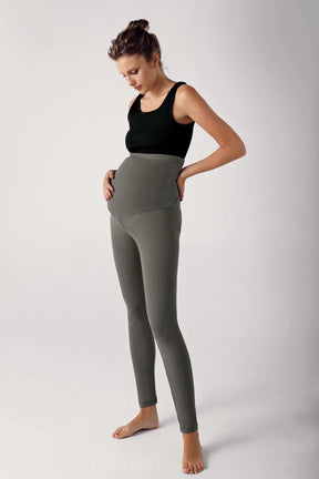 Ribbed High-Waist Stretch Supportive Maternity Leggings Khaki - LF9203