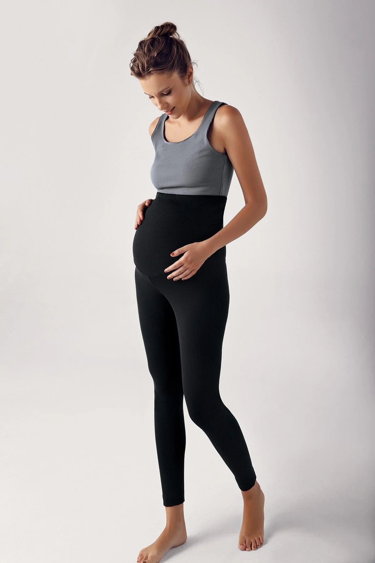 Ribbed High-Waist Stretch Supportive Maternity Leggings Black - LF9203