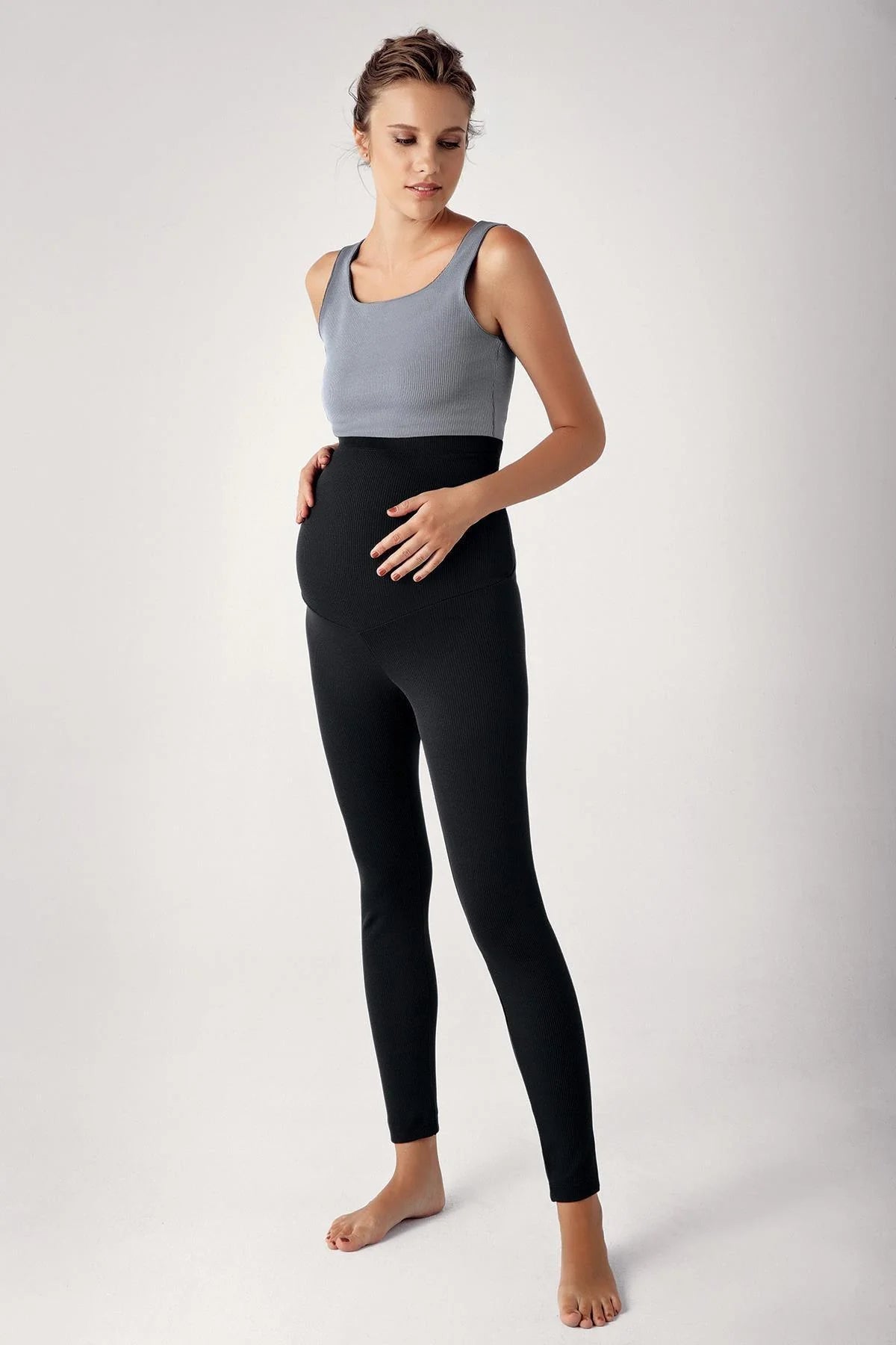 Ribbed High-Waist Stretch Supportive Maternity Leggings Black - LF9203