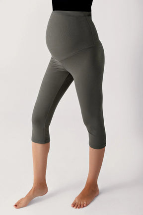 Ribbed High-Waist Stretch Supportive Capri Maternity Leggings Khaki - LF9204