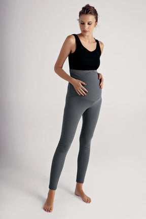 Ribbed Thermal Fleece-Lined Adjustable Waist Maternity Leggings Anthracite - LF9206