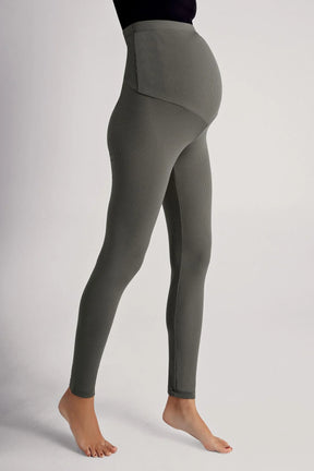 Ribbed Thermal Fleece-Lined Adjustable Waist Maternity Leggings Khaki - LF9206