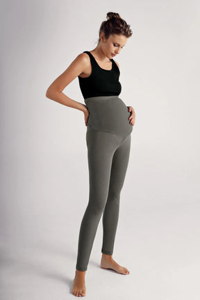 Ribbed Thermal Fleece-Lined Adjustable Waist Maternity Leggings Khaki - LF9206