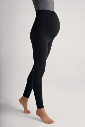 Ribbed Thermal Fleece-Lined Adjustable Waist Maternity Leggings Black - LF9206