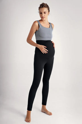 Ribbed Thermal Fleece-Lined Adjustable Waist Maternity Leggings Black - LF9206