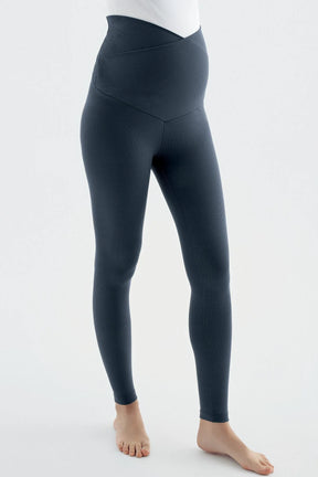 Ribbed Crossover Waist High-Rise Stretch Supportive Maternity Leggings Anthracite - LF9207