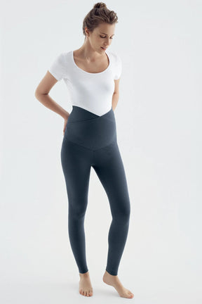 Ribbed Crossover Waist High-Rise Stretch Supportive Maternity Leggings Anthracite - LF9207