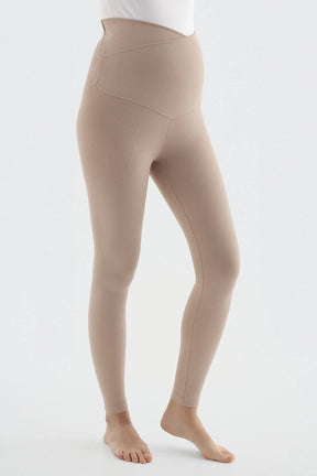 Ribbed Crossover Waist High-Rise Stretch Supportive Maternity Leggings Beige - LF9207