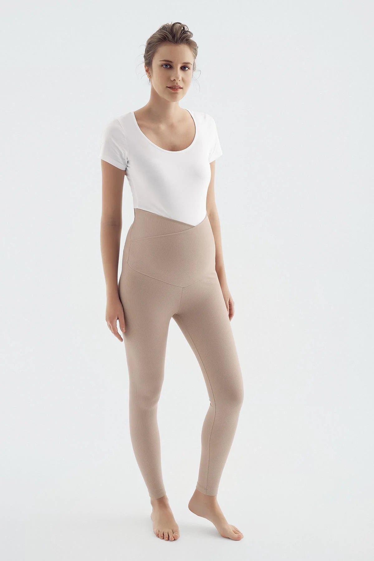 Ribbed Crossover Waist High-Rise Stretch Supportive Maternity Leggings Beige - LF9207