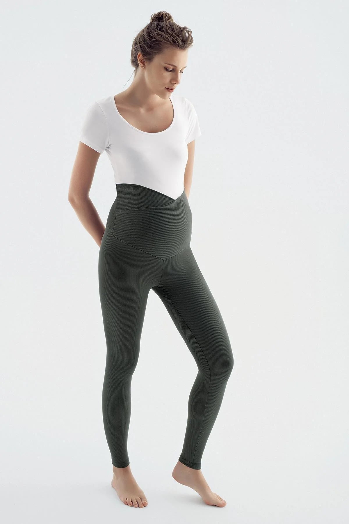 Ribbed Crossover Waist High-Rise Stretch Supportive Maternity Leggings Khaki - LF9207