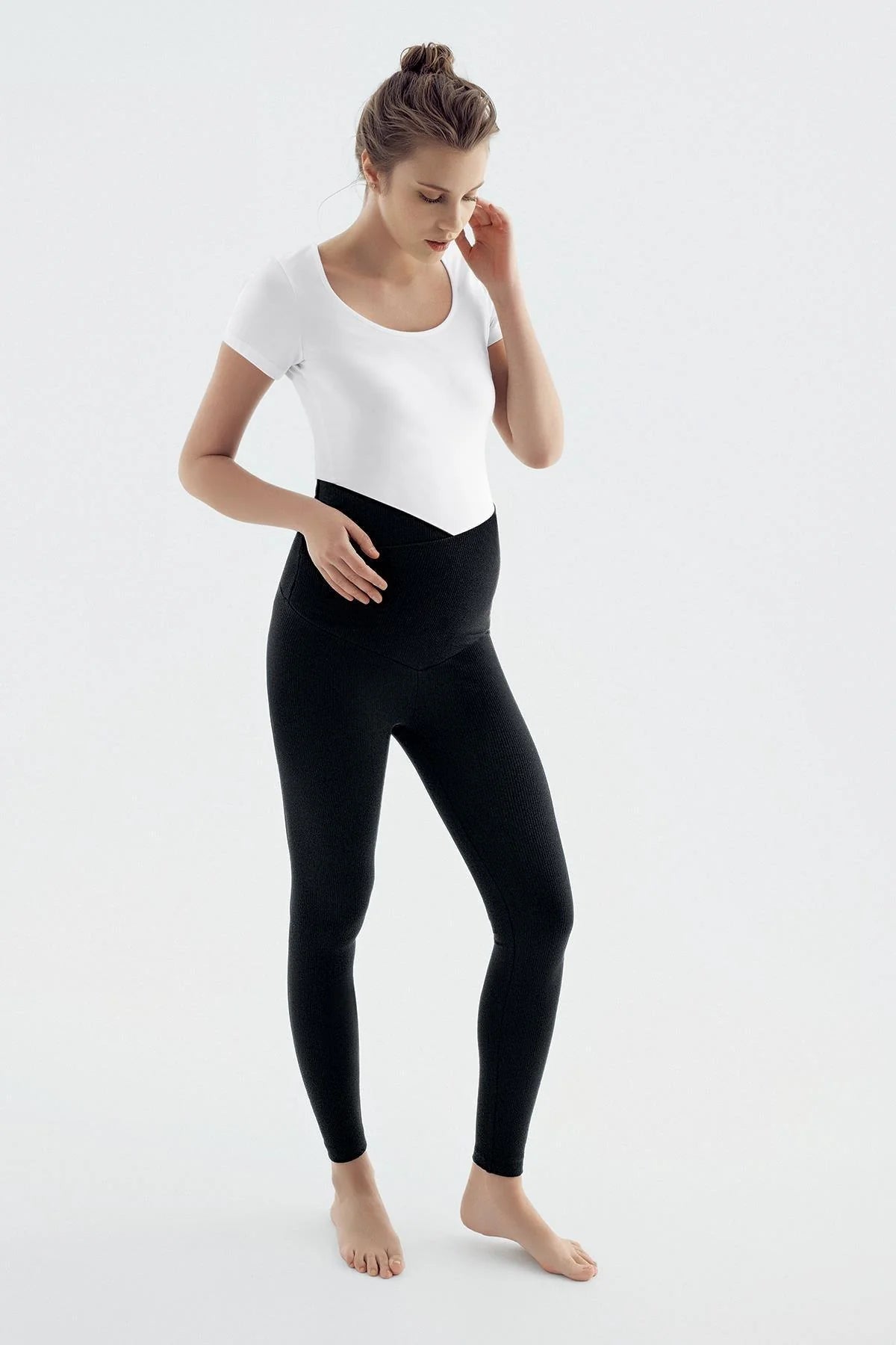 Ribbed Crossover Waist High-Rise Stretch Supportive Maternity Leggings Black - LF9207