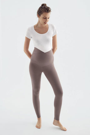 Ribbed Crossover Waist High-Rise Stretch Supportive Maternity Leggings Mink - LF9207