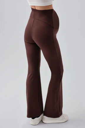 Flared Ribbed High-Waist Stretch Supportive Maternity Leggings Coffee - LF9209