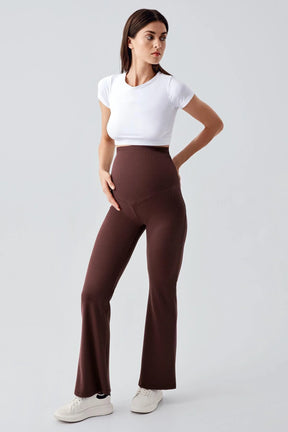 Flared Ribbed High-Waist Stretch Supportive Maternity Leggings Coffee - LF9209