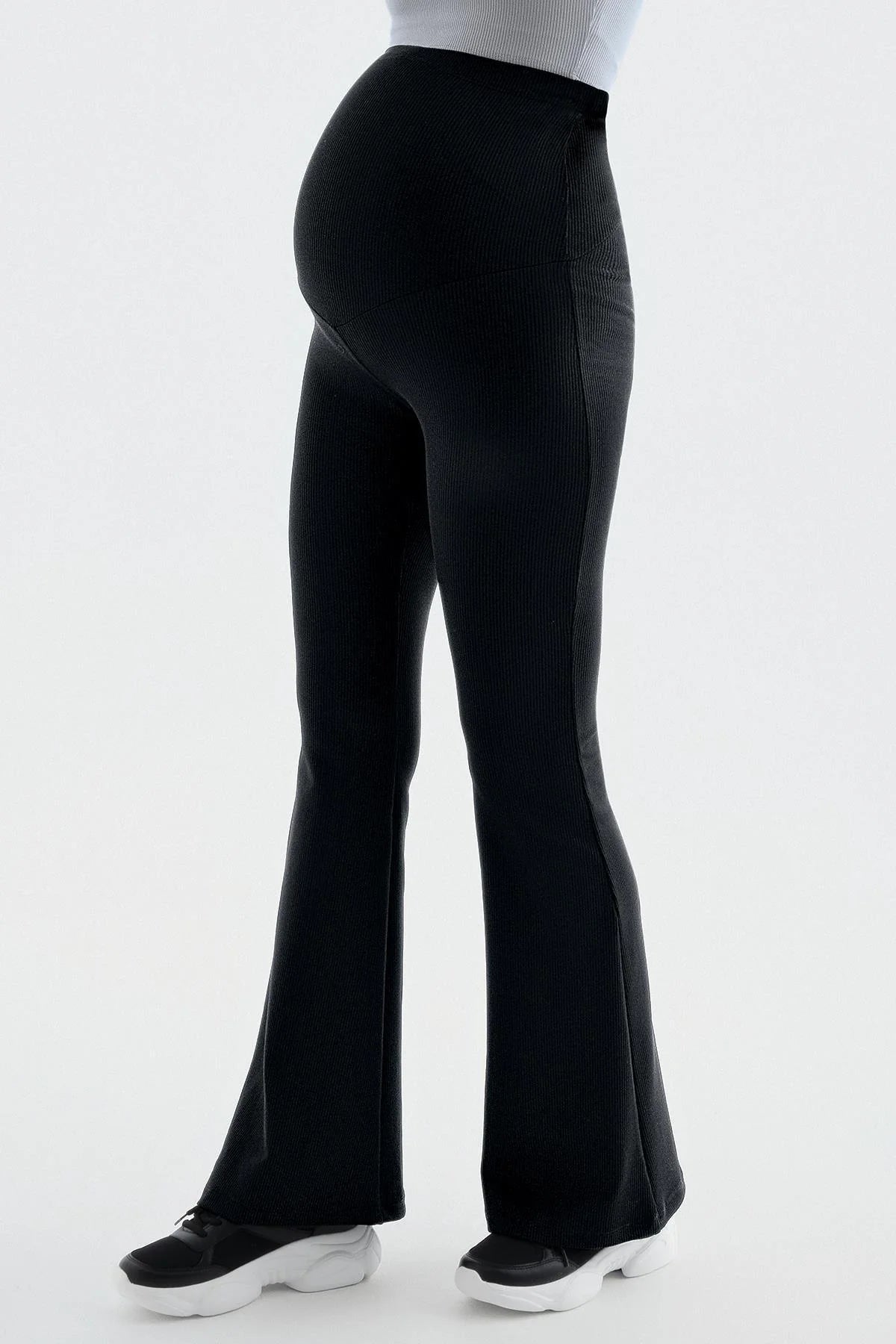 Flared Ribbed High-Waist Stretch Supportive Maternity Leggings Black - LF9209