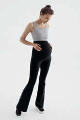 Flared Ribbed High-Waist Stretch Supportive Maternity Leggings Black - LF9209