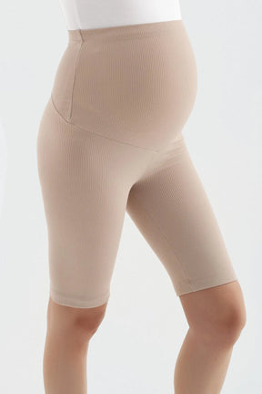 Ribbed Biker Flexible Adjustable Waist Maternity Shorts Leggings Beige - LF9213