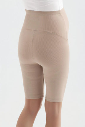 Ribbed Biker Flexible Adjustable Waist Maternity Shorts Leggings Beige - LF9213