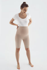 Ribbed Biker Flexible Adjustable Waist Maternity Shorts Leggings Beige - LF9213