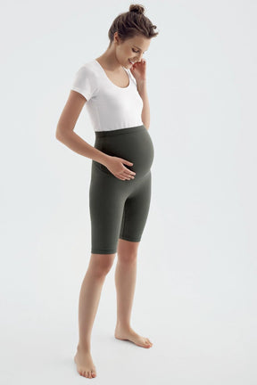 Ribbed Biker Flexible Adjustable Waist Maternity Shorts Leggings Khaki - LF9213